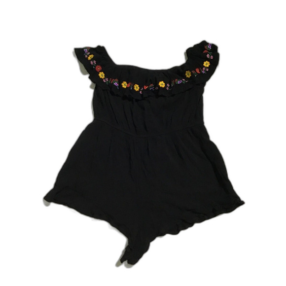 Forever 21 Floral Embroidery Ruffle Black Romper MED - Picture 1 of 5